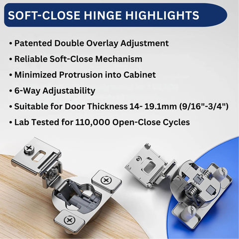Top Shelf Kitchen Upgrade Thirty Pack Soft Close Overlay Cabinet Hinges In Premium Stainless Steel Rust Proof Concealed Fit Dual Align Design Easy Grip Mounting Hardware shown with double overlay adjustment features.