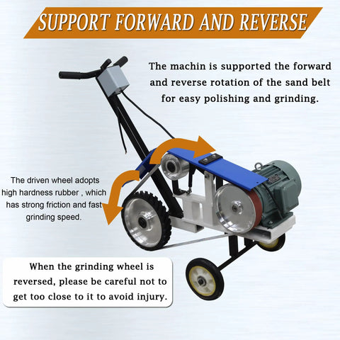 Heavy Duty Motorized Belt Sander Plus Adjustable Angle Polisher With Smooth Rolling Wheels For Fast Rust Removal And Badass Metal Buffing Jobs Around The Shop 220 Volt with rubber wheels and motor.