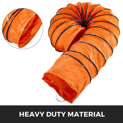 25 Ft PVC Flexible Ducting Hose with S Hooks and Steel Support, orange, coiled with close-up showing heavy-duty material.