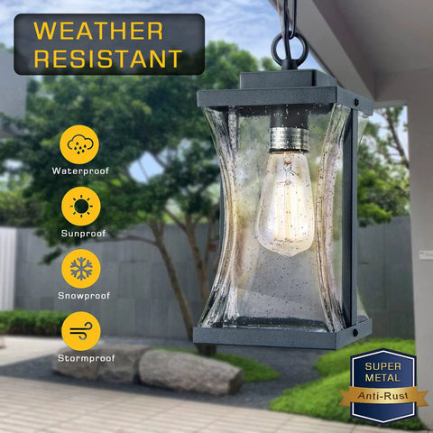 Outdoor Pendant Light Fixture For Porch And Front Door With Adjustable Chain And Air Bubble Glass Matte Black Farmhouse Exterior Lighting