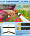 Non Expanding Garden Hose 100 Ft With Kink Free Flex Lightweight Yet Durable Water Hose 10 Pattern Spray Nozzle Leak Proof Design 3/4 Inch Swivel Connectors Heavy Duty Fabric Portable Storage Strap For Easy Carry showing kink-resistant swivel ends