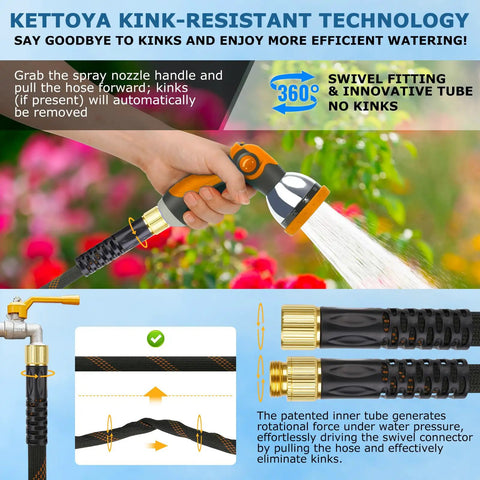 Non Expanding Garden Hose 100 Ft With Kink Free Flex Lightweight Yet Durable Water Hose 10 Pattern Spray Nozzle Leak Proof Design 3/4 Inch Swivel Connectors Heavy Duty Fabric Portable Storage Strap For Easy Carry showing kink-resistant swivel ends