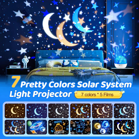 Kids Space Projector Night Light With 360 Degree Rotation And Five Projection Films illuminating a boy's room with cosmic stars.