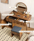 Wave Vanity Desk With Lighted Round Mirror And Modern Walnut Finish, Makeup Table With Drawer And Cabinet Storage, Bench Seat
