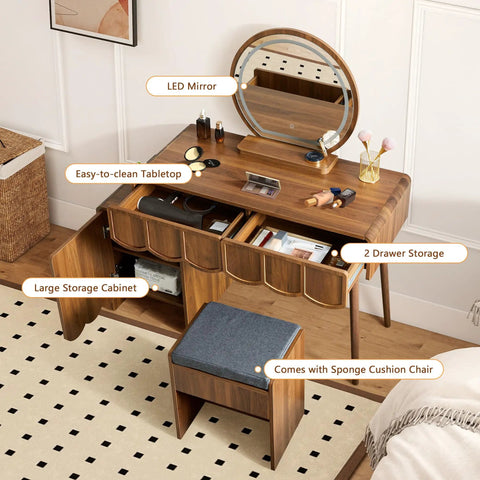 Wave Vanity Desk With Lighted Round Mirror And Modern Walnut Finish, Makeup Table With Drawer And Cabinet Storage, Bench Seat