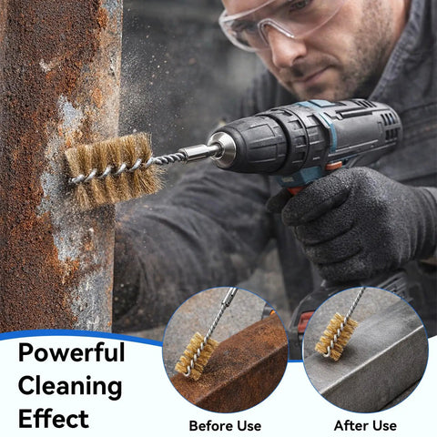 16 Piece Drill Bore Brush Set with Long One Quarter Inch Hex Shank Handles for Cleaning Drill Holes in Tight Spots shown in use on rust