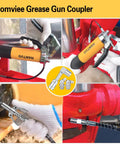 HANTUO 17-piece grease gun accessory kit; orange grease gun with 12-inch flex hose and quick-connect fittings.