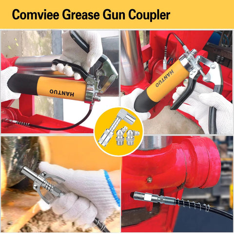 HANTUO 17-piece grease gun accessory kit; orange grease gun with 12-inch flex hose and quick-connect fittings.