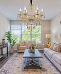 Living room with 6 Light Crystal Chandelier With Metal Frame And Six Arms Vintage Candle Style Pendant Ceiling Light Cognac Finish