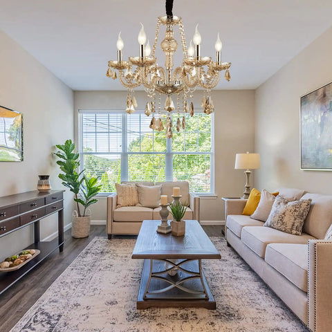 Living room with 6 Light Crystal Chandelier With Metal Frame And Six Arms Vintage Candle Style Pendant Ceiling Light Cognac Finish