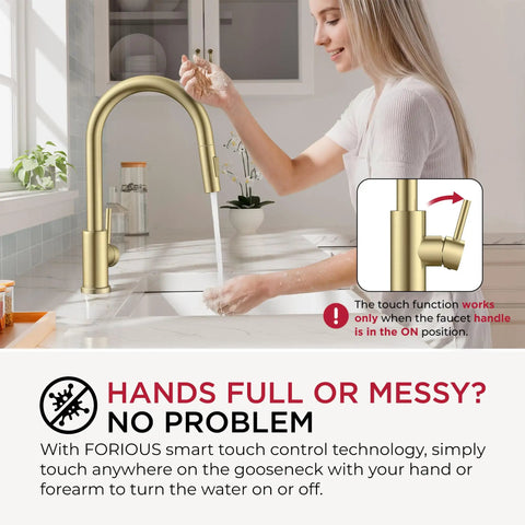 FORIOUS Gold Touch Kitchen Faucet with Pull Down Sprayer, Single Hole with touch control, woman washing hands.