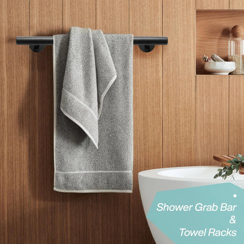 16 Inch Black Metal Door Pull Handles Set of 2 installed as towel rack in bathroom