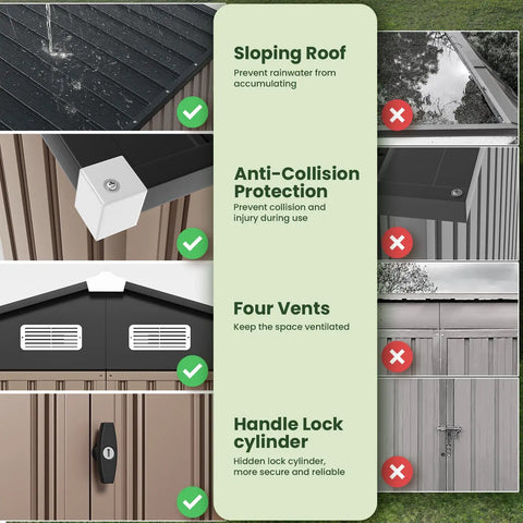 Features of 12 By 10 Ft Outdoor Metal Storage Shed for Backyard and Patio, including sloping roof and lock cylinder.
