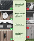 Image of 8x6 Ft Full Size Outdoor Metal Storage Shed With Floor For Backyard Tools Bikes And Gear All Weather Shelter With Reinforced Sidewall Girts And Updated Frame Structure Durable Steel Construction Built To Last, featuring sloping roof, anti-collision protection, four vents, and handle lock cylinder.