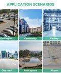 Application scenarios for the Top Shelf Ride On Floor Sweeper Kicking Dust At 92000 Sq Ft Per Hour showing various locations.