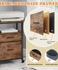 2 Drawer File Cabinet With 24 Inch Extended Desktop On Wheels Mobile Rolling Filing Cabinet With Fabric Drawers Fits A4 And Letter Size Printer Stand For Your Home Office Setup Light Brown, showing firm fabric drawers and material detail.