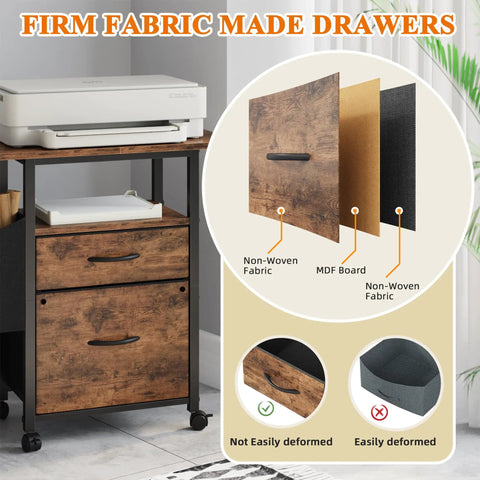2 Drawer File Cabinet With 24 Inch Extended Desktop On Wheels Mobile Rolling Filing Cabinet With Fabric Drawers Fits A4 And Letter Size Printer Stand For Your Home Office Setup Light Brown, showing firm fabric drawers and material detail.