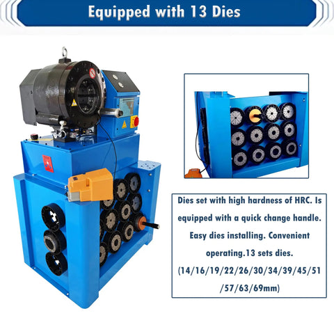 Professional Hydraulic Hose Crimping Machine Slick 0.55 To 2.72 Inch Electric Rubber Hose Press showing 13 durable dies installed.