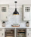 Farmhouse Pendant Light 13.77 Inch Matte Black With Gold Interior Vintage Industrial Ceiling Fixture above kitchen island.