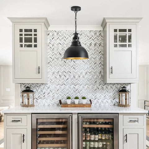 Farmhouse Pendant Light 13.77 Inch Matte Black With Gold Interior Vintage Industrial Ceiling Fixture above kitchen island.