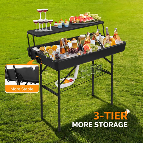 Portable Cooler Table With Extra Storage Shelf For Outdoor Parties And Entertaining Alloy Steel Black Finish Picetable Model Sturdy Yet Lightweight