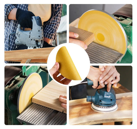Woodworker using 320 Grit 6 Inch PSA Self Adhesive Sanding Discs Aluminum Oxide Sandpaper 100 Pack Stickyback Discs on wood and sander.