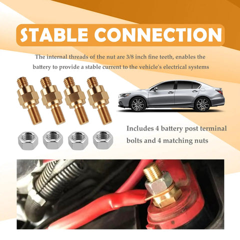 Image of Four Piece Side Post Battery Terminal Extension Bolt Kit With 3 8 Inch Coarse Threads And Heavy Duty Hex Nuts for wiring.