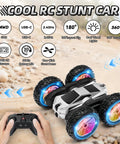 Rad Remote Control Stunt Car for Kids with 360 Spin and Flips 4WD RC Truck with lights, shown on rocky terrain