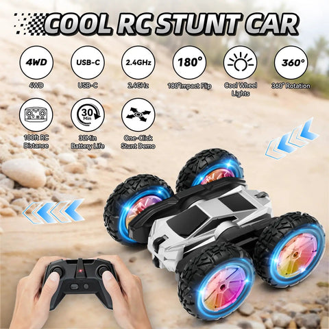 Rad Remote Control Stunt Car for Kids with 360 Spin and Flips 4WD RC Truck with lights, shown on rocky terrain