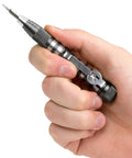 Hand holding 4.8 Inch Magnetic Bit Driver With Built In Bit Storage And Aluminum Body, Knurled Grip for easy tightening, pocket clip visible