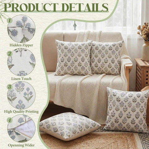 4 Pack 18x18 Inch Blue Green Block Print Pillow Covers Double Sided Vintage Spring Floral Boho Linen Pillowcases For Farmhouse Sofa Couch Outdoor Patio Decor Cozy Up Your Living Space With Cheerful Garden Vibes.