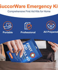 SuccorWare Emergency Kit front view with 90-piece First Aid refill packet and blue kit pouch
