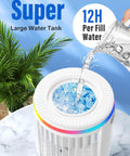 Pouring water into Personal Mini Air Conditioner Fan With 1200ml Water Tank 4 In 1 Evaporative Cooler, with RGB lights visible