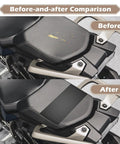 Leather Repair Tape For Furniture Self Adhesive Patch Black Vinyl 16x40 Inch Durable Patch Up For Sofas Couches Chairs Seats And Upholstery Easy To Cut And Fit Anywhere In Seconds shown on motorcycle seat before and after application.