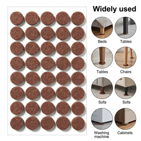 Top Shelf Self Sticky Felt Pads 48 Pack Brown Round Bumpers for Chair Legs and Cabinet Doors displayed in a grid layout.