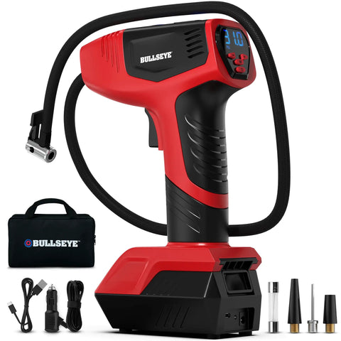 Compact Tire Inflator With Pressure Gauge, Auto Shutoff At Your Set PSI, 150 Max, USB Rechargeable Home Power, Includes Car Cigarette Lighter Cord, Quick And Easy On-The-Go Inflation For Cars, SUVs, And Trucks, As Seen On TV red and black with carry case