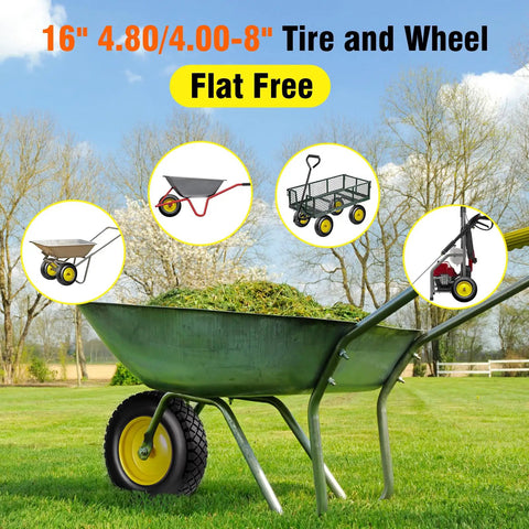 Flat Free 4.80 4.00 8 Inch Wheel And Tire For Wheelbarrows And Hand Trucks with garden tools in background