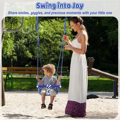 Toddler Swing Seat With Heavy Duty Canvas Adjustable Rope And Safety Harness Drop Resistant Design Easy Install on tree swing with child