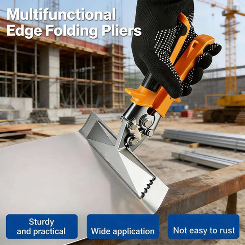 3 Inch Sheet Metal Hand Seamer Pro Grade Bending Tool bending metal sheet on construction site, showcasing ergonomic TPR handle and CRV steel