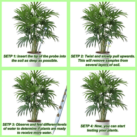 Stainless Steel 10 Inch Soil Probe For House Plants And Gardens No Batteries Needed Moisture Meter Soil Sampling Tool For Home Farm And Garden Ideal For Grab And Go Indoor Outdoor Use Durable Rotating Action, shown sampling soil in a potted plant