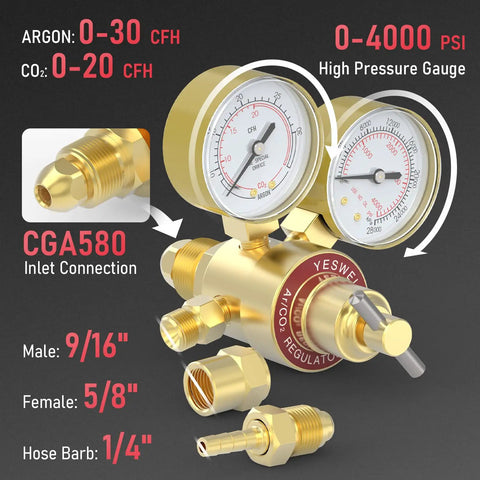 Dual-gauge Argon CO2 Regulator for MIG TIG welding with 0-4000 PSI range, CGA580 inlet, 9/16 inch male and 5/8 inch female outlets.