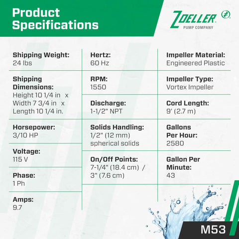 Product specifications table for Mighty-Mate Submersible Sump Pump 1/3 HP with Auto Float Switch, showing dimensions, weight, and capacity.