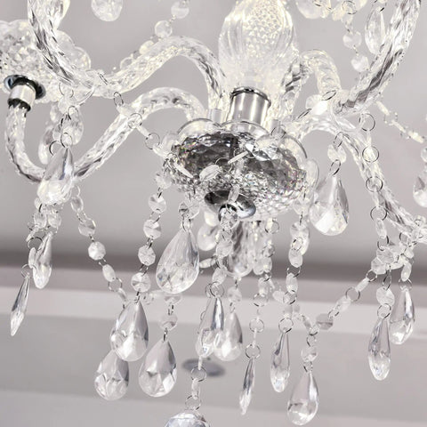 Close-up of Five Light Crystal Pendant Chandelier With Acrylic Beads, Plug In Pendant Lights, Clear Cord, On Off Switch, H19 Inch