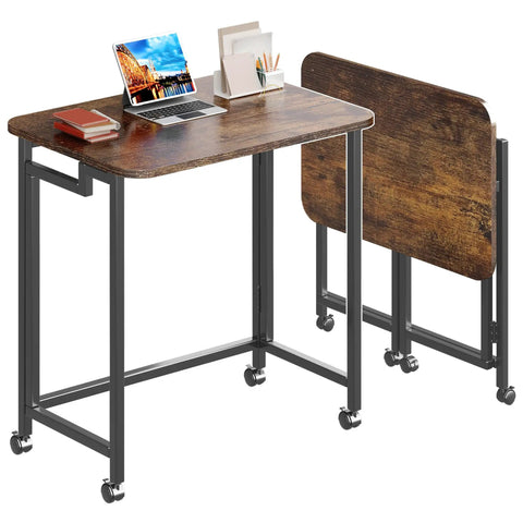 Folding Rolling Computer Desk For Small Spaces, Portable Laptop Cart On Wheels, Compact Home Office Table For Couch Or Bed, Rustic Brown And Black Finish