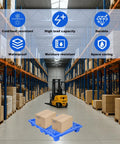 Warehouse with forklift and boxes on Six Pack Blue Plastic Pallets With Hollow Grid Surface For Ventilated Moisture Proof Storage