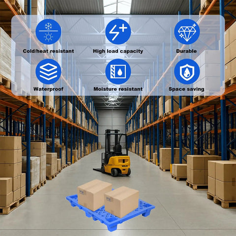 Warehouse with forklift and boxes on Six Pack Blue Plastic Pallets With Hollow Grid Surface For Ventilated Moisture Proof Storage