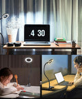 Clip On Desk Lamp With Clamp, 3 Lighting Modes And 10 Dimming Levels in black, illuminating a desk setup and study area.
