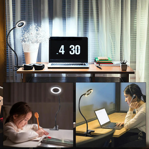 Clip On Desk Lamp With Clamp, 3 Lighting Modes And 10 Dimming Levels in black, illuminating a desk setup and study area.