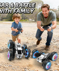Child and adult playing with Rad Remote Control Stunt Car For Kids With 360 Spin And Flips 4WD RC Truck With Lights outdoors