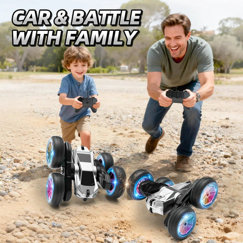 Child and adult playing with Rad Remote Control Stunt Car For Kids With 360 Spin And Flips 4WD RC Truck With Lights outdoors